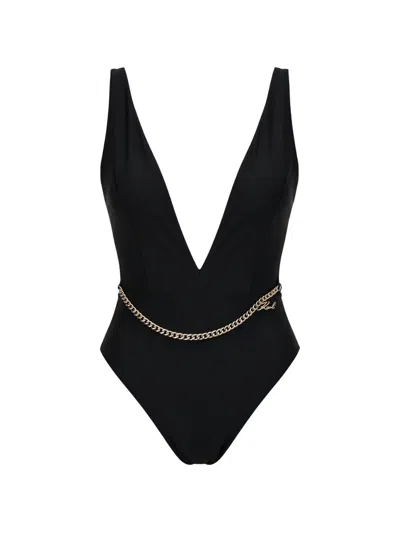 Karl Lagerfeld Chain-belt Plunge-neck Swimsuit In Black