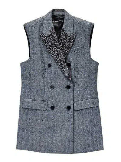 Karl Lagerfeld Embellished Lapel Tweed Gilet In Blue