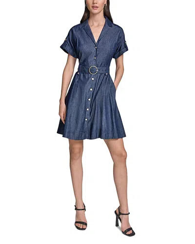 Karl Lagerfeld Chambray Denim Belted Shirt Dress In Blue