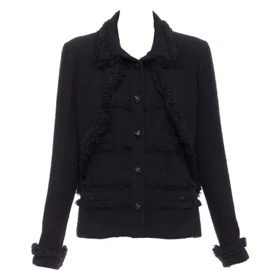 Pre-owned Karl Lagerfeld Chanel 08a Runway Tweed Fringe Trim Tromp Loeil Layered 4 Pocket Jacket Fr46 In Black