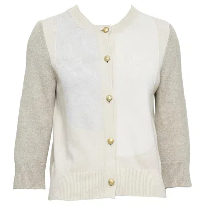 Pre-owned Karl Lagerfeld Chanel 100% Cashmere Beige Cream Colorblocked Cc Buttons Cardigan Fr36 S In White