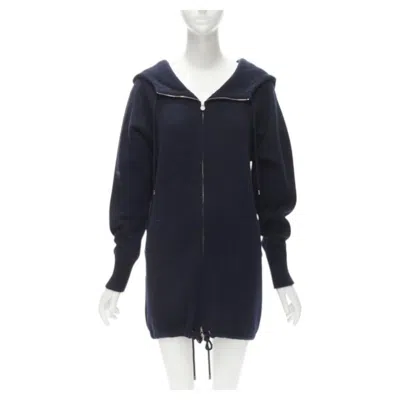 Pre-owned Karl Lagerfeld Chanel 100% Cashmere Navy Silver Cc Zip Up Hooded Sweater Fr34 Xs In Blue