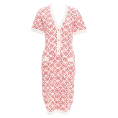 Pre-owned Karl Lagerfeld Chanel 100% Cashmere Pink Cream Cc Button Pattern Dress Fr38 M In White