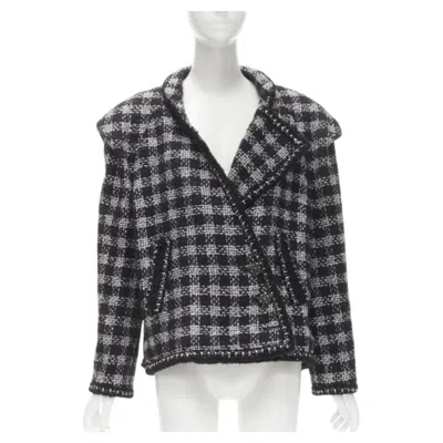 Pre-owned Karl Lagerfeld Chanel 11a Fantasy Tweed Black Silver Checkered Asymmetric Collar Jacket Fr44 Xl