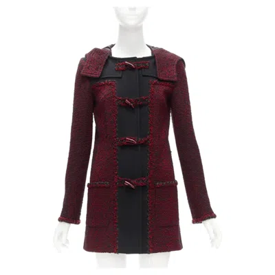 Pre-owned Karl Lagerfeld Chanel 11a Runway Red Black Wool Tweed Cc Logo Toggle Button Duffel Coat Fr36 S