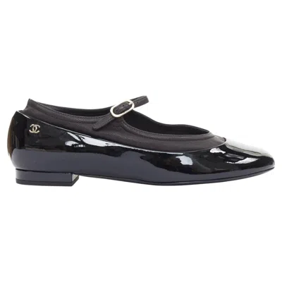 Pre-owned Karl Lagerfeld Chanel 16p G31741 Black Patent Leather Silver Cc Logo Mary Jane Flats Eu38