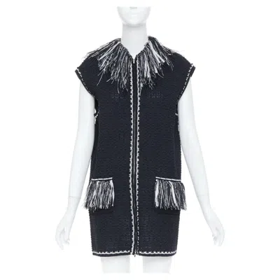 Pre-owned Karl Lagerfeld Chanel 17p Runway Ribbon Trim Fringe Tweed Sleeveless Gilet Vest Jacket Fr38 M In Black