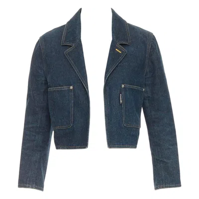 Pre-owned Karl Lagerfeld Chanel 1996 Vintage Washed Denim Logo Tab Patch Pocket Cropped Denim Jacket In Black