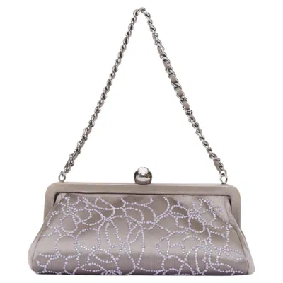 Pre-owned Karl Lagerfeld Chanel 2000 Pink Pearl Beaded Grey Satin Crystal Cc Kiss Lock Frame Clutch Bag