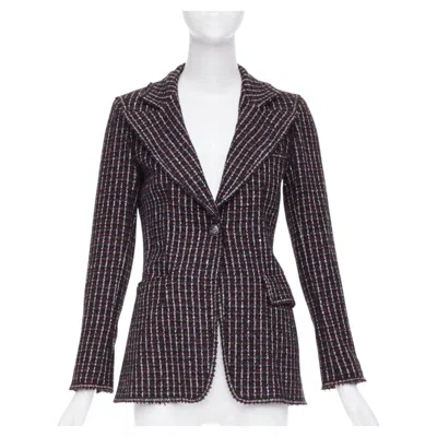 Pre-owned Karl Lagerfeld Chanel 2008 Burgundy Navy Check Striped Tweed Cashmere Wool Fringe Blazer Fr42 L In Red
