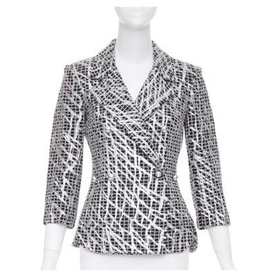 Pre-owned Karl Lagerfeld Chanel 2012 Runway Silver Metallic Graffiti Print Black Check Tweed Jacket Fr36