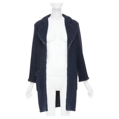 Pre-owned Karl Lagerfeld Chanel 2015 Paris Salzburg Navy Alpaca Blend Braid Trim Open Tweed Coat Fr34 Xs In Blue