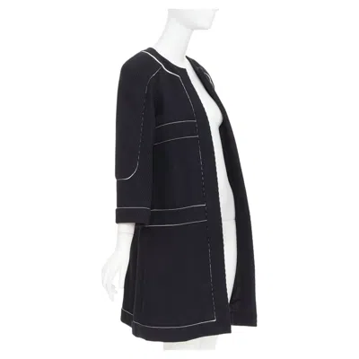 Pre-owned Karl Lagerfeld Chanel 2015 Runway Black Cotton Diagonal Corded Contrast Satin Piped Coat Fr36 S