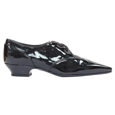 Pre-owned Karl Lagerfeld Chanel 2018 Runway Forest Fairies Patent Pointed Square Toe Derby Oxford Eu37.5 In Black