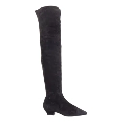 Pre-owned Karl Lagerfeld Chanel 2018 Runway Forest Fairies Suede Pointed Square Toe Over Knee Boots Eu38 In Black