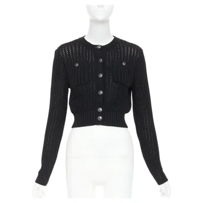 Pre-owned Karl Lagerfeld Chanel 2019 La Pausa Cotton Linen Cc Buttons Open Knit Cropped Cardigan Fr36 S In Black