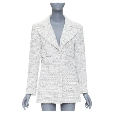 Pre-owned Karl Lagerfeld Chanel 2019 Runway By The Sea White Metallic Tweed Oversized Blazer Jacket Fr42