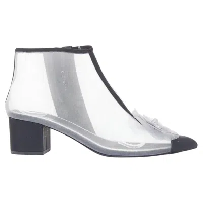 Pre-owned Karl Lagerfeld Chanel 2019 Sheer Mesh Black Grosgrain Camelia Embellished Ankle Boots Eu38