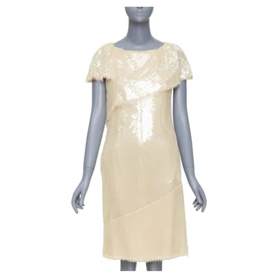 Pre-owned Karl Lagerfeld Chanel Bridal 08p Beige Sequinned Raw Edge Asymmetric Capelet Shift Dress Fr36 S In Brown