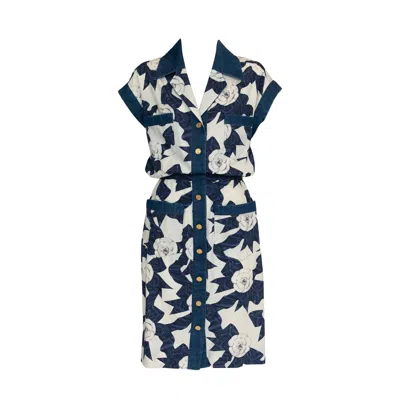 Pre-owned Karl Lagerfeld Chanel By  Camellia Bow Printed Denim Dress, Spring-summer 1987 In Black