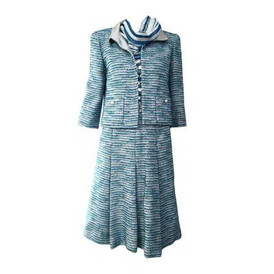 Pre-owned Karl Lagerfeld Chanel Contemporary Blue Boucle Blazer, Silk Blouse & A-line Skirt Set