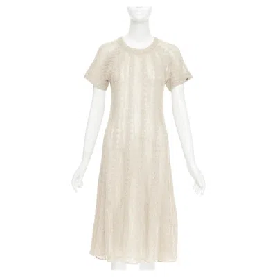 Pre-owned Karl Lagerfeld Chanel Cream Beige Alpaca Blend Textured Knit Cc Short Sleeve Midi Dress Fr38 M In White