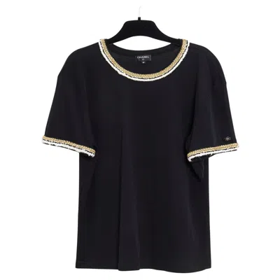 Pre-owned Karl Lagerfeld Chanel Pf2017 Top Fr38 Black Jersey Gold Trimming Ritz T Shirt Us8