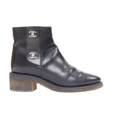 Pre-owned Karl Lagerfeld Chanel Turnlock Cc Black Leather Silver Logo Crepe Rubber Sole Ankle Boots Eu37