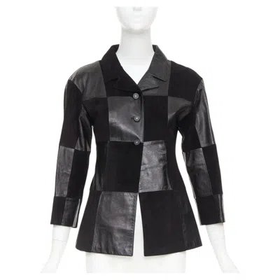 Pre-owned Karl Lagerfeld Chanel Vintage Black Leather Suede Checkered Patchwork Cc Blazer Jacket