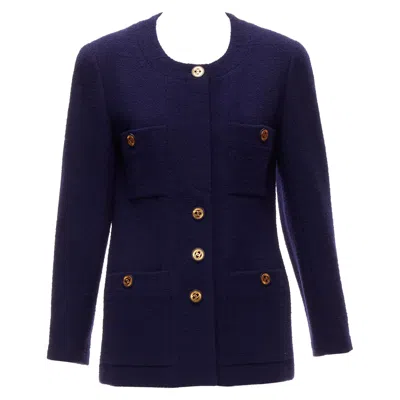 Pre-owned Karl Lagerfeld Chanel Vintage Navy Blue Tweed Gold Cc Buttons 4 Pocket Jacket