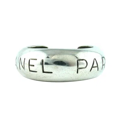 Pre-owned Karl Lagerfeld Chanel Vintage Silvertone Cuff Bracelet "chanel Paris" Spring 1996 In Gray