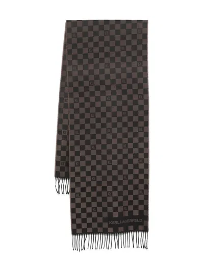 Karl Lagerfeld Checked-pattern Fringed-edges Scarf In Brown