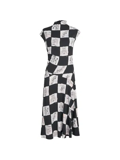 Karl Lagerfeld Checkerboard-print Gathered Midi Dress In Black