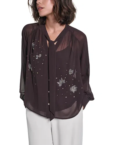 Karl Lagerfeld Tie-neck Long-sleeve Embellished Chiffon Blouse In Brown