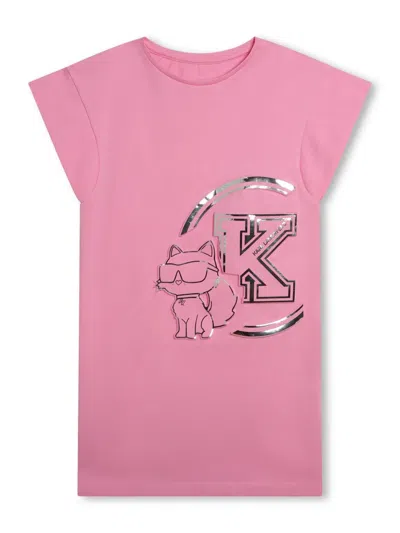 Karl Lagerfeld Kids' Choupette Cotton Dress T-shirt In Pink