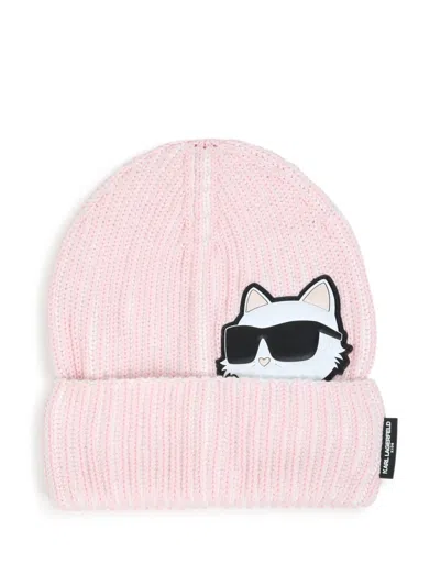Karl Lagerfeld Kids' Choupette Patch Ribbed Beanie Hat In Pink