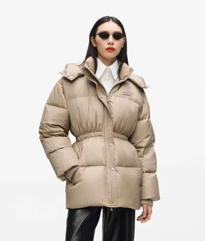 Karl Lagerfeld Cinched Midi Puffer Jacket In Brown