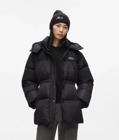 Karl Lagerfeld Cinched Midi Puffer Jacket In Black