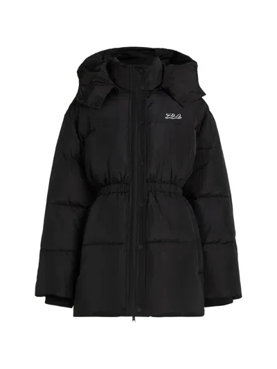 Karl Lagerfeld Cinched Midi Puffer Jacket In Black