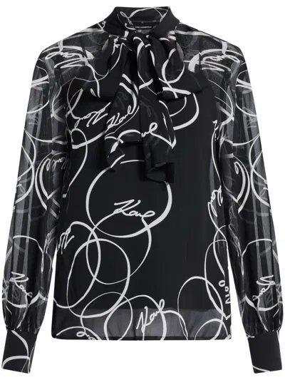 Karl Lagerfeld Circle-print Bow Blouse In Black