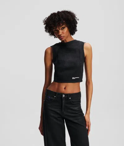Karl Lagerfeld Coated Denim Top In Black