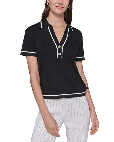 Karl Lagerfeld Petite Polo-collar Short-sleeve Sweater In Black