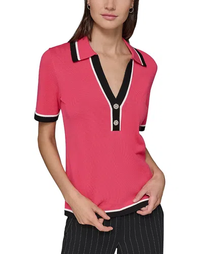 Karl Lagerfeld Petite Polo-collar Short-sleeve Sweater In Berry