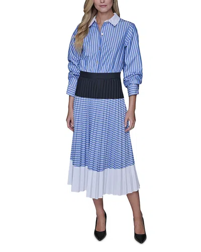 Karl Lagerfeld Colorblock Pleated Dress In Blue