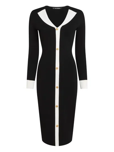 Karl Lagerfeld Contrast-collar Button Knit Dress In Black