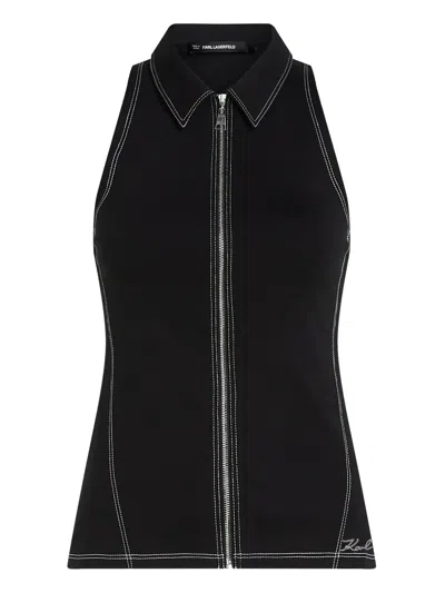Karl Lagerfeld Contrast Stitch Sleeveless Top In Black