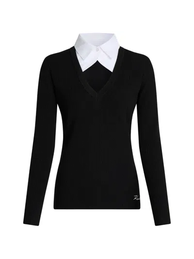 Karl Lagerfeld Contrast-collar Ribbed-knit Polo Top In Black