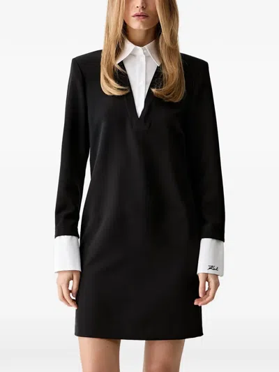 Karl Lagerfeld Contrast-collar V-neck Mini Dress In Black