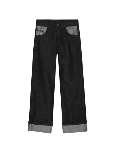 Karl Lagerfeld Kids' Contrast-panel Turn-up Jeans In Black