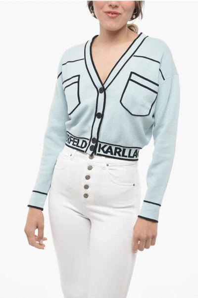 Karl Lagerfeld Cotton Blend Cropped Cardigan With Double Breast Pocket And In Blue